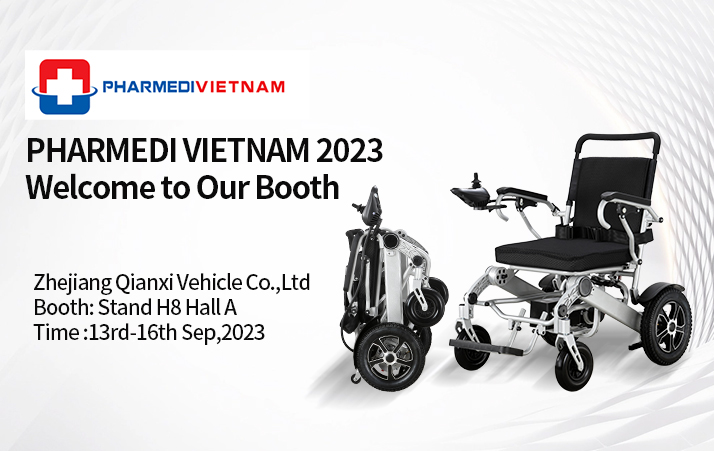 Zhejiang Qianxi Vehicle Co., Ltd、2023年ベトナムのPHARMEDI展示会で電動車椅子と移乗椅子を展示